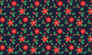 Güzel yapraklı ve kırmızı çiçek desenli şirin bir Noel çiçeği deseni..