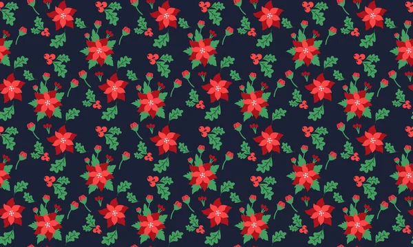 Cute Christmas flower pattern background, with beautiful leaf and red flower design. — Stock Vector