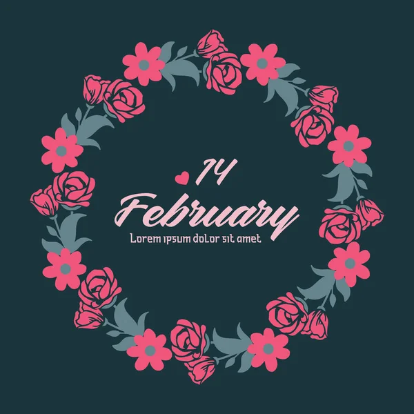 Diseño de la tarjeta de invitación de celebración para el 14 de febrero, con romántica hoja adornada y marco de flores. Vector — Archivo Imágenes Vectoriales