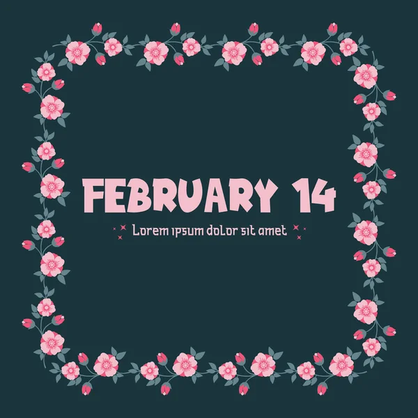 Modèle de carte d'invitation pour le 14 février, avec design romantique de cadre de feuilles et de fleurs. Vecteur — Image vectorielle