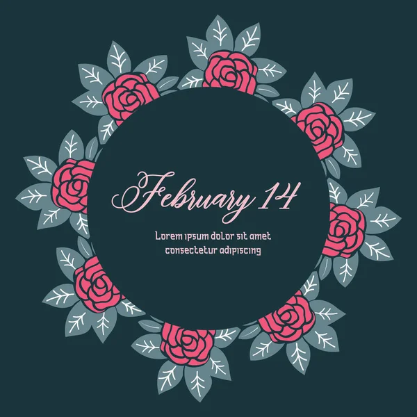 Hermosa rosa marco de flores y patrón de hoja única, para 14 Febrero tarjeta de felicitación plantilla de diseño. Vector — Archivo Imágenes Vectoriales