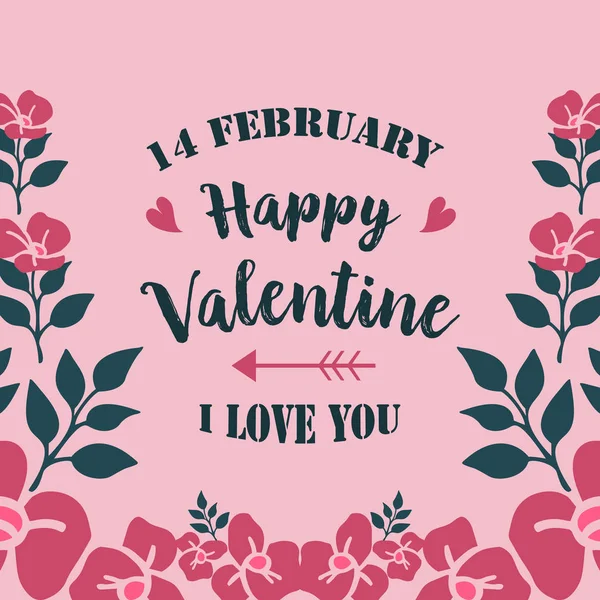 Testo poster di felice San Valentino, con bella carta da parati di cornice fiore foglia. Vettore — Vettoriale Stock