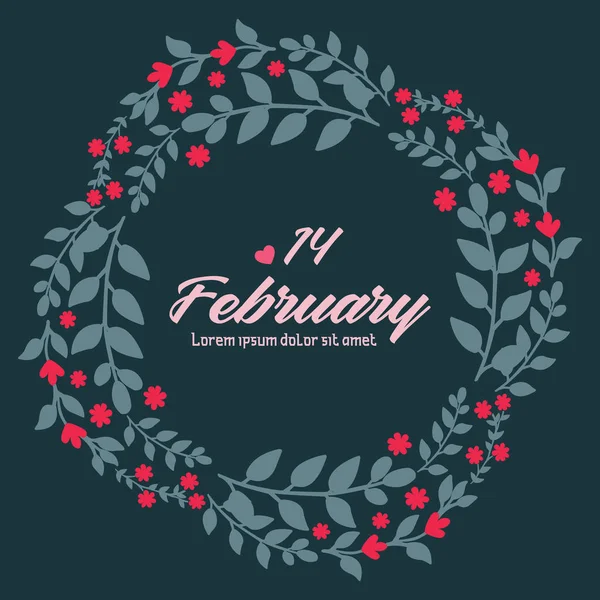 A február 14-i üdvözlőlap dekoráció, gyönyörű levél és piros koszorú keret. Vektor — Stock Vector