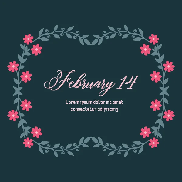 La decoración de la tarjeta de invitación 14 Febrero, con romántica de hoja y marco de corona rosa. Vector — Archivo Imágenes Vectoriales