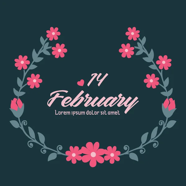 A decoração do cartão convite 14 Fevereiro, com romântico de folha e moldura grinalda rosa. Vetor —  Vetores de Stock