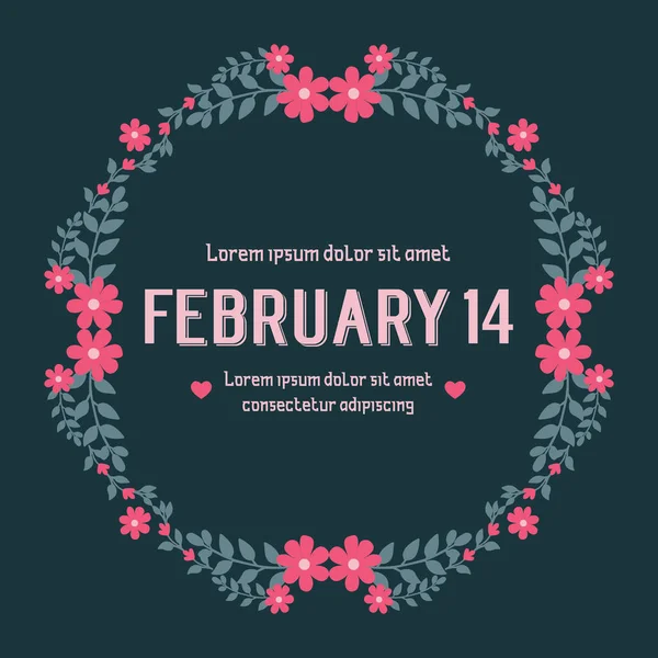 La decoración de la tarjeta de invitación 14 Febrero, con romántica de hoja y marco de corona rosa. Vector — Vector de stock