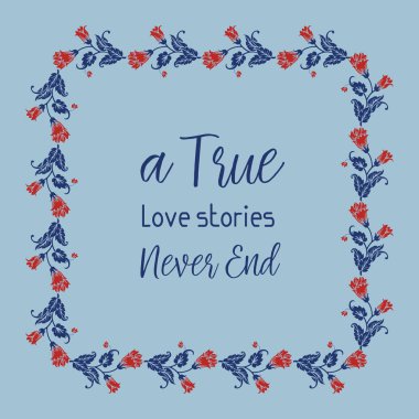 Gerçek aşk davetiyesi kartı dekorasyonu, yaprak ve kırmızı çelenk çerçeveli. Vektör