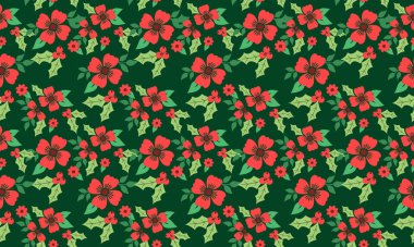 Noel için güzel kırmızı gül çiçeği, eşsiz bir yaprak ve çiçek desenli.