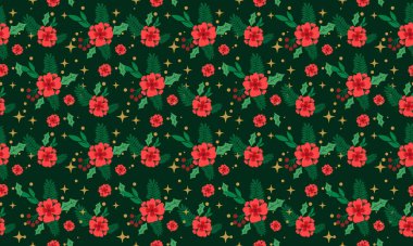 Zarif bir Noel çiçeği deseni. Eşsiz ve pürüzsüz kırmızı gül desenli..