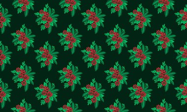 Yılbaşı çiçeği desenli arka plan, yaprak ve kırmızı gül çiçekli basit tasarım.