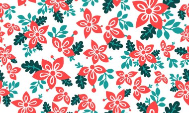 Noel için yapraklı ve çiçek desenli kusursuz kırmızı çiçek deseni.