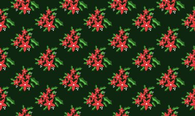 Noel çiçeği desenli arka plan, yaprak ve kırmızı gül çiçekli modern tasarım.