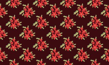 Zarif Noel konsepti için kırmızı çiçek arka planı, güzel yaprak ve çiçek çizimleri ile.