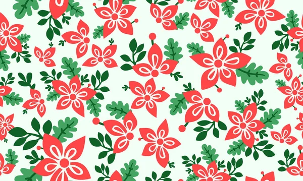 Nahtlose rote Blumenmuster Hintergrund für Weihnachten, mit Blatt und Blumendekor. — Stockvektor