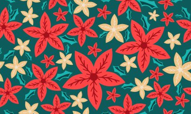 Yaprak ve çiçek tasarımı ile Noel için zarif kırmızı çiçek desenli arka plan.