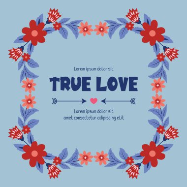Zarif bir yaprak ve çelenk çerçeveli gerçek aşk kutlaması davetiye kartı dekoru. Vektör