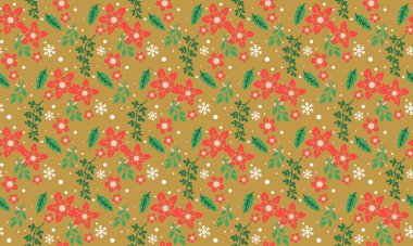 Yaprak ve çiçek konseptiyle Noel için modern kırmızı çiçek desenli arka plan.