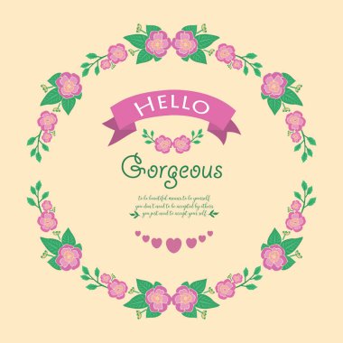 Yaprakların ve pembe çelenklerin güzelliği, merhaba muhteşem davetiye kartı şablonu tasarımı için. Vektör