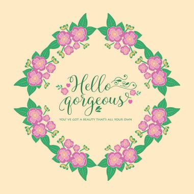 Güzel pembe çelenk çerçeveli, benzersiz bir merhaba kartı tasarımı. Vektör
