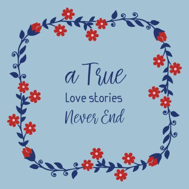 Romantik gerçek aşk tebrik kartı tasarımı için yaprak ve çiçek çerçevesinin zarif süsü. Vektör