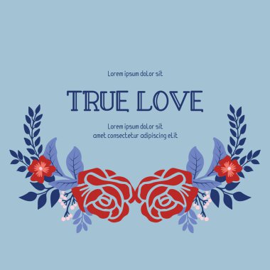 Yaprak ve kırmızı çiçekli gerçek aşk tebrik kartı deseni. Vektör
