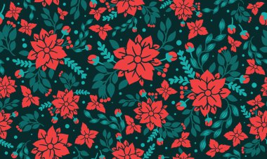 Yaprak ve kırmızı çiçek tarzı şablon, zarif Noel çiçek desenli arka plan.