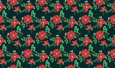 Noel çiçeği desenli, yapraklı ve kırmızı çiçekli zarif bir resim..