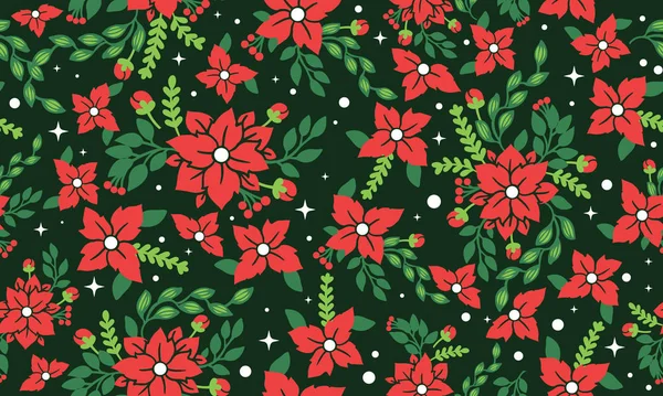 Χαριτωμένο και μοναδικό χριστουγεννιάτικο κόκκινο λουλούδι με φύλλα και κόκκινο floral μοτίβο τέχνης. — Διανυσματικό Αρχείο