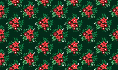 Zarif bir yaprak ve kırmızı çiçek tasarımı ile eşsiz bir Noel deseni arka planı.