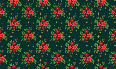 Yaprak ve kırmızı çiçek desenli Noel çiçeği desenli arka plan.