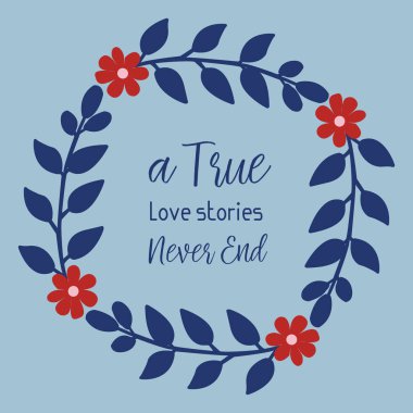 Gerçek aşk kartı için şablon tasarımı, çiçek desenli ve yaprak çerçeveli. Vektör