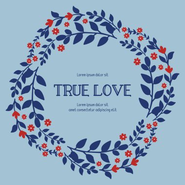 Gerçek aşk tebrik kartı dizaynı, zarif yaprak deseni ve kırmızı çiçek desenli. Vektör