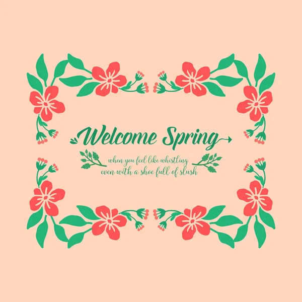 Witamy wiosenny projekt plakatu, z eleganckim liściem i kwiatową ramą. Wektor — Wektor stockowy