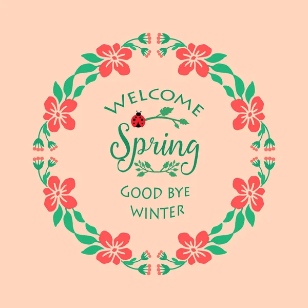 Hermoso marco de patrón para la tarjeta de felicitación de primavera de bienvenida, con diseño de hojas y flores. Vector — Vector de stock