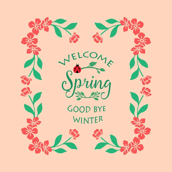 Tarjeta de felicitación de primavera de bienvenida Plantilla decorativa, con elegante textura de hoja y marco de flores. Vector — Vector de stock