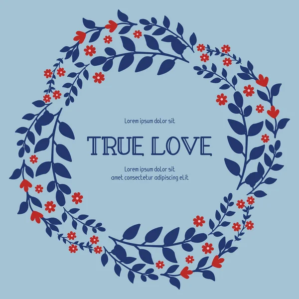 Gerçek aşk tebrik kartı dizaynı, zarif yaprak deseni ve kırmızı çiçek desenli. Vektör
