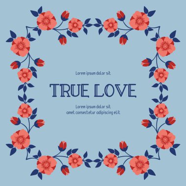 Zarif gerçek aşk posteri tasarımı, güzel yaprak ve çelenk çerçeveli. Vektör