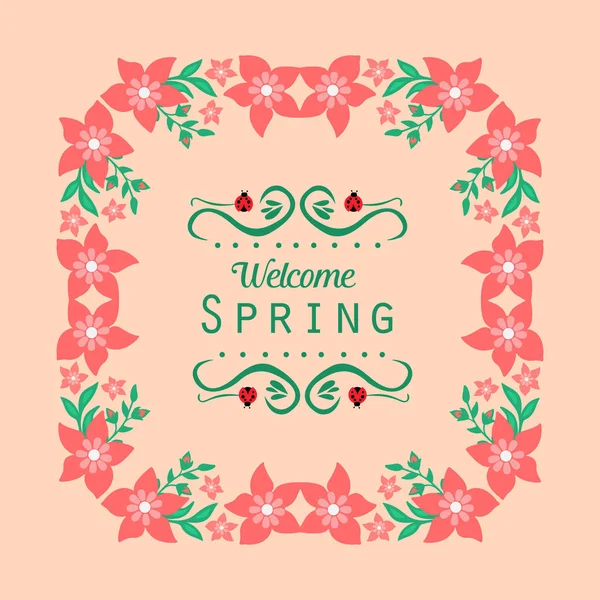 Schöner roter Kranzrahmen und elegantes Blattmuster, für Grußkarten zur Begrüßung im Frühling. Vektor — Stockvektor