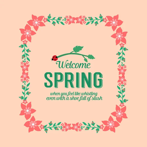 Einzigartiges Element Design aus Blättern und rotem Blumenrahmen, für Willkommensplakat im Frühling. Vektor — Stockvektor