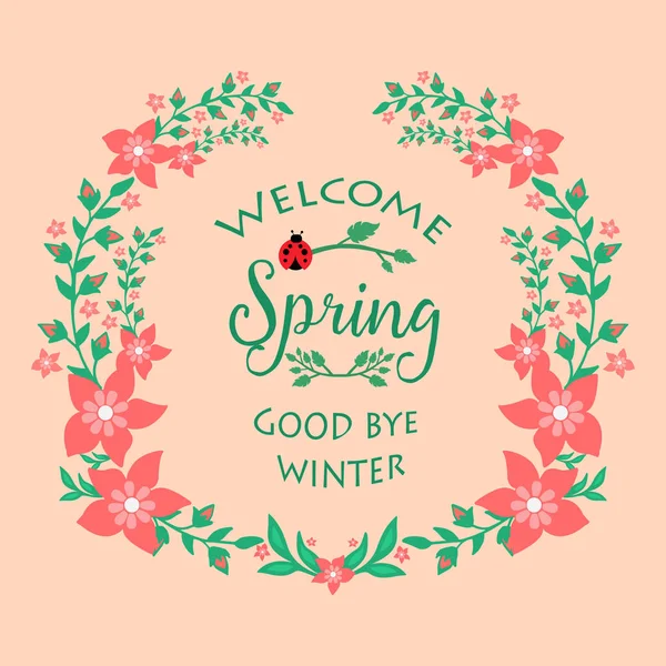 Tarjeta de felicitación bienvenida primavera Diseño, con adornado simple de hoja y flor roja. Vector — Vector de stock