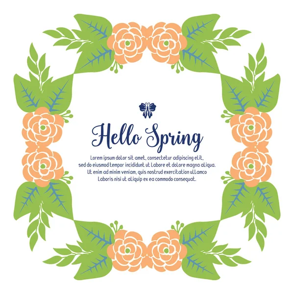 Dekoration der Grüßkarte Hallo Frühling, mit nahtloser orangefarbener Rose und Kranzrahmen. Vektor — Stockvektor
