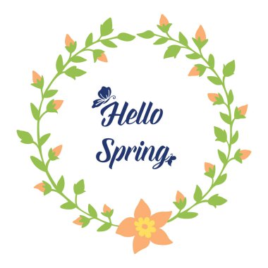 Merhaba baharı için tebrik kartı tasarımı, yaprak ve çiçekli eşsiz çerçeve. Vektör