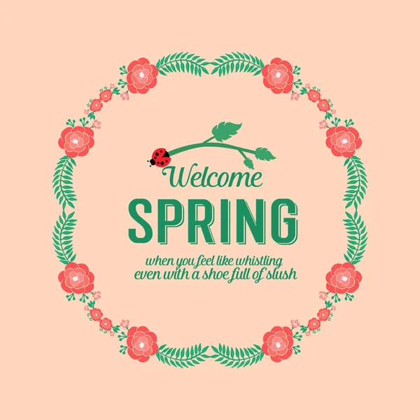 Einfaches Formmuster aus Blatt und rotem Blumenrahmen, für das Design der Grußkarte zur Begrüßung im Frühling. Vektor — Stockvektor