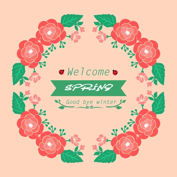 Beautiful crowd of leaf and red flower frame, for welcome spring invitation card design. Vector — 스톡 벡터