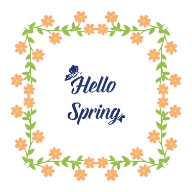 Zarif desen yaprağı ve çiçek çerçevesi, beyaz arka planlı, Hello Spring poster tasarımı için. Vektör