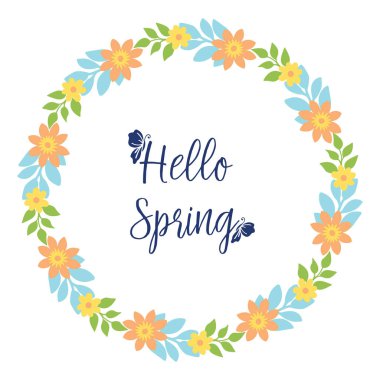 Zarif yaprak ve çiçek desenli Hello Spring davetiye kartı için şablon tasarımı. Vektör
