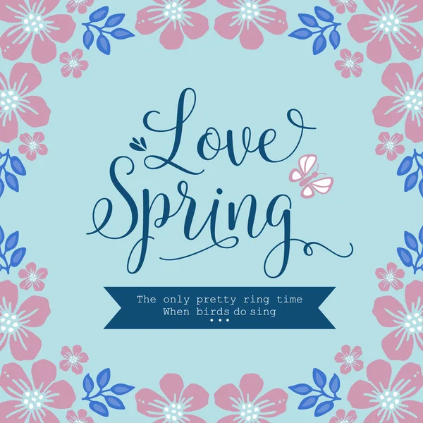 Love spring greeting card design, with pattern of leaf and pink flower seamless frame. Vector — Stock Vector