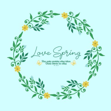 Aşk bahar kartı için şablon tasarımı, zarif yapraklı ve çiçekli çerçeve dekorasyonlu. Vektör