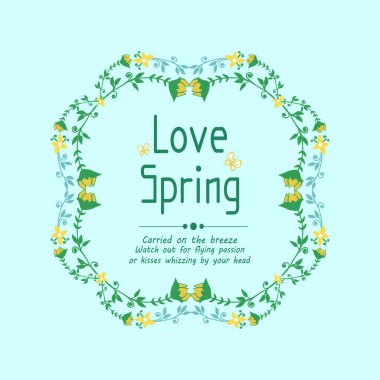Sevgi ilkbaharı tebrik kartı tasarımı için yaprak ve çiçek çerçevesinin eşsiz dekorasyonu. Vektör