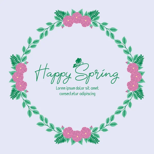 Happy spring greeting card template design, with elegant pattern of leaf and pink rose floral frame. Vector — Stock Vector